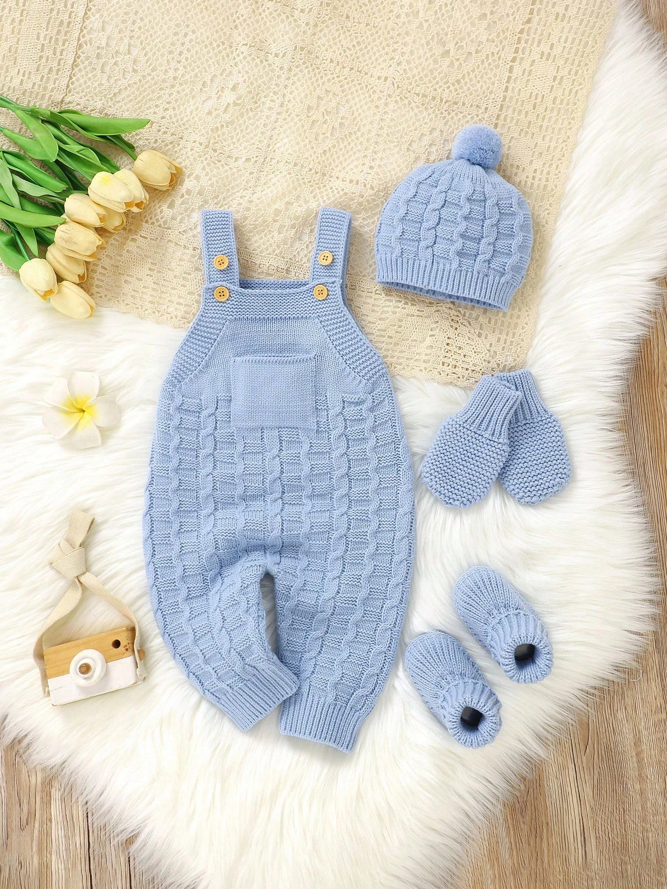 Baby Girl Solid Color Knitted Jumpsuit With Pockets, Hat, Gloves And Shoes Casual Set, Autumn/Winter Fall