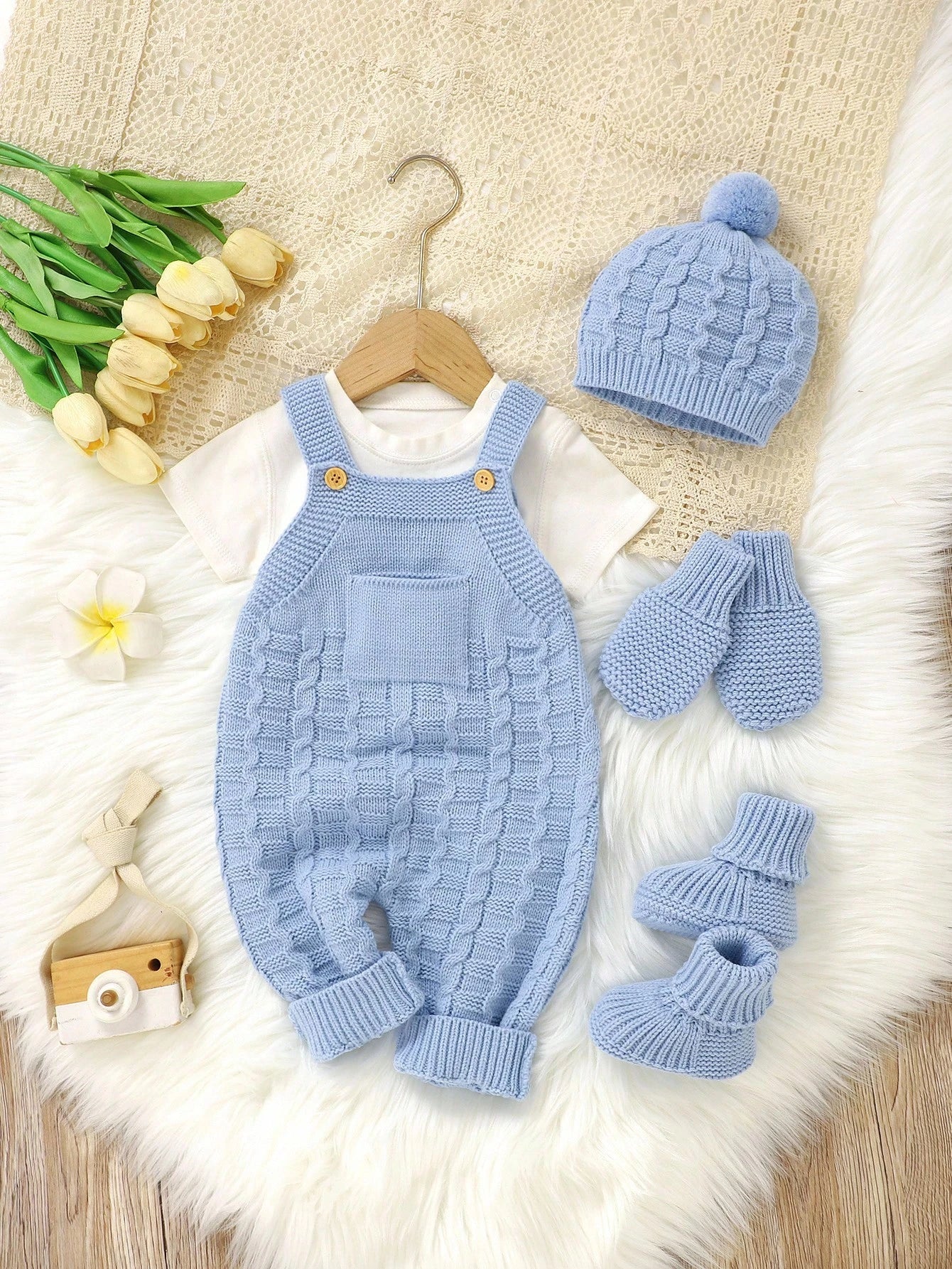 Baby Girl Solid Color Knitted Jumpsuit With Pockets, Hat, Gloves And Shoes Casual Set, Autumn/Winter Fall