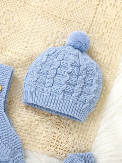Baby Girl Solid Color Knitted Jumpsuit With Pockets, Hat, Gloves And Shoes Casual Set, Autumn/Winter Fall