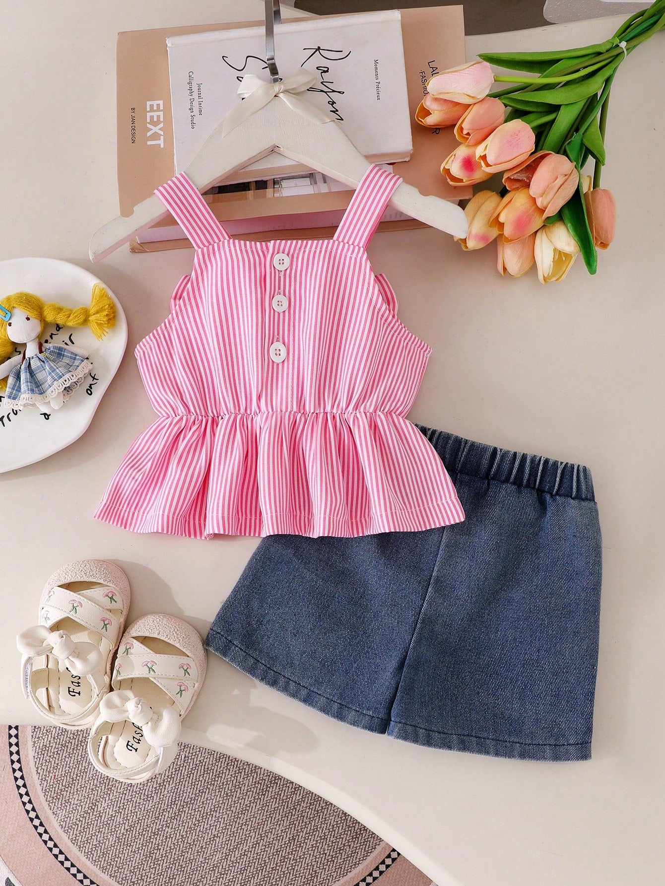 Baby Girl Striped Bow Decor Ruffle Camisole Top + Bowknot Denim Shorts Set, Sweet Summer Outfit