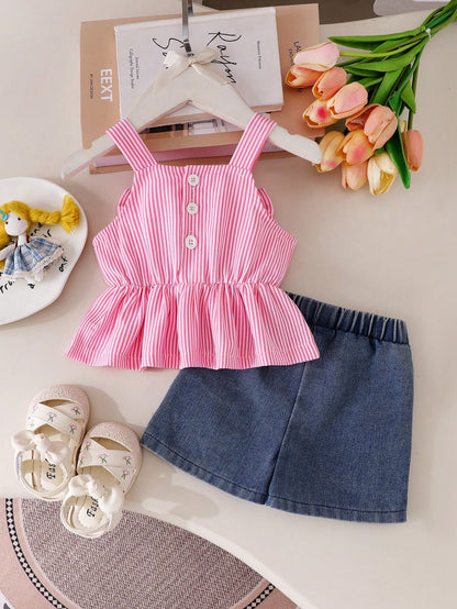 Baby Girl Striped Bow Decor Ruffle Camisole Top + Bowknot Denim Shorts Set, Sweet Summer Outfit