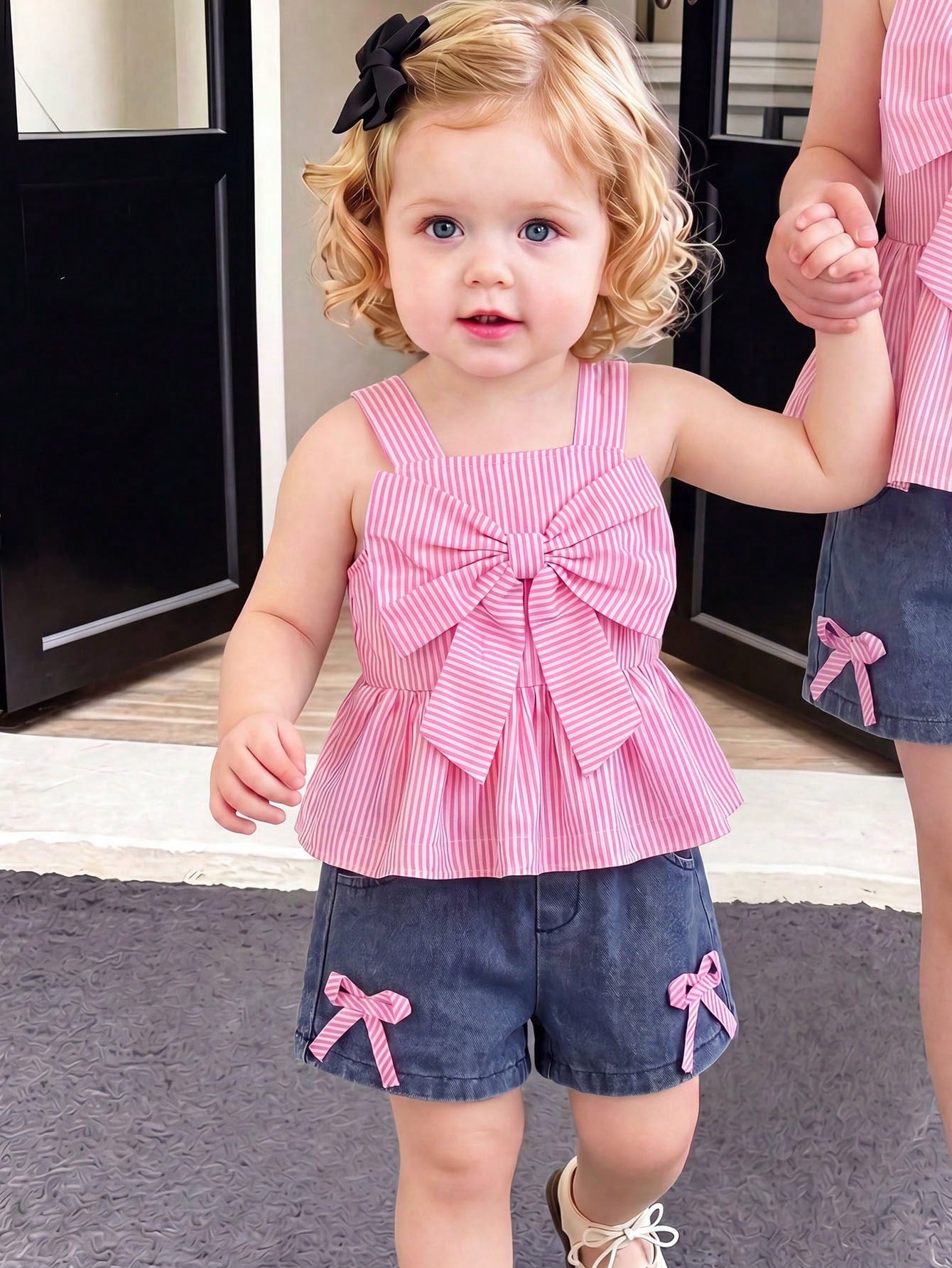 Baby Girl Striped Bow Decor Ruffle Camisole Top + Bowknot Denim Shorts Set, Sweet Summer Outfit