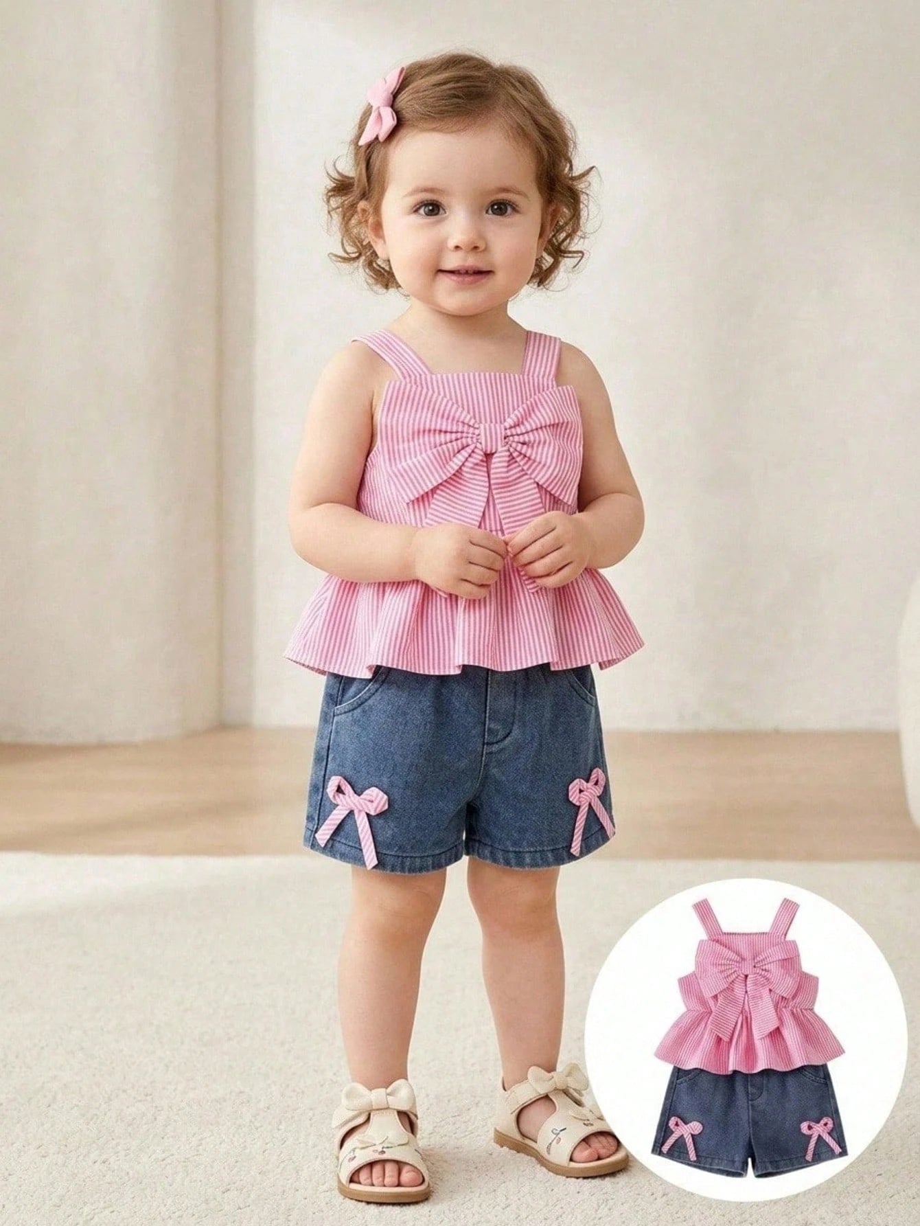 Baby Girl Striped Bow Decor Ruffle Camisole Top + Bowknot Denim Shorts Set, Sweet Summer Outfit