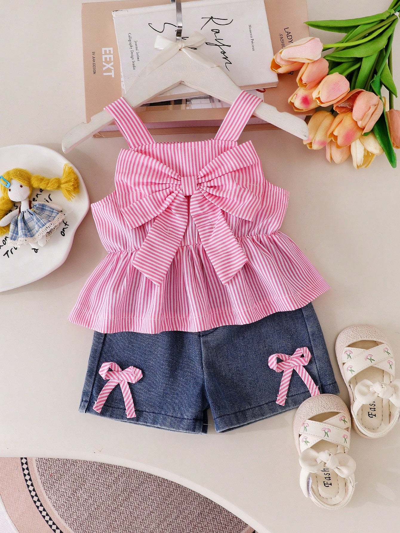 Baby Girl Striped Bow Decor Ruffle Camisole Top + Bowknot Denim Shorts Set, Sweet Summer Outfit