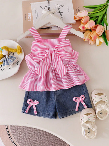 Baby Girl Striped Bow Decor Ruffle Camisole Top + Bowknot Denim Shorts Set, Sweet Summer Outfit