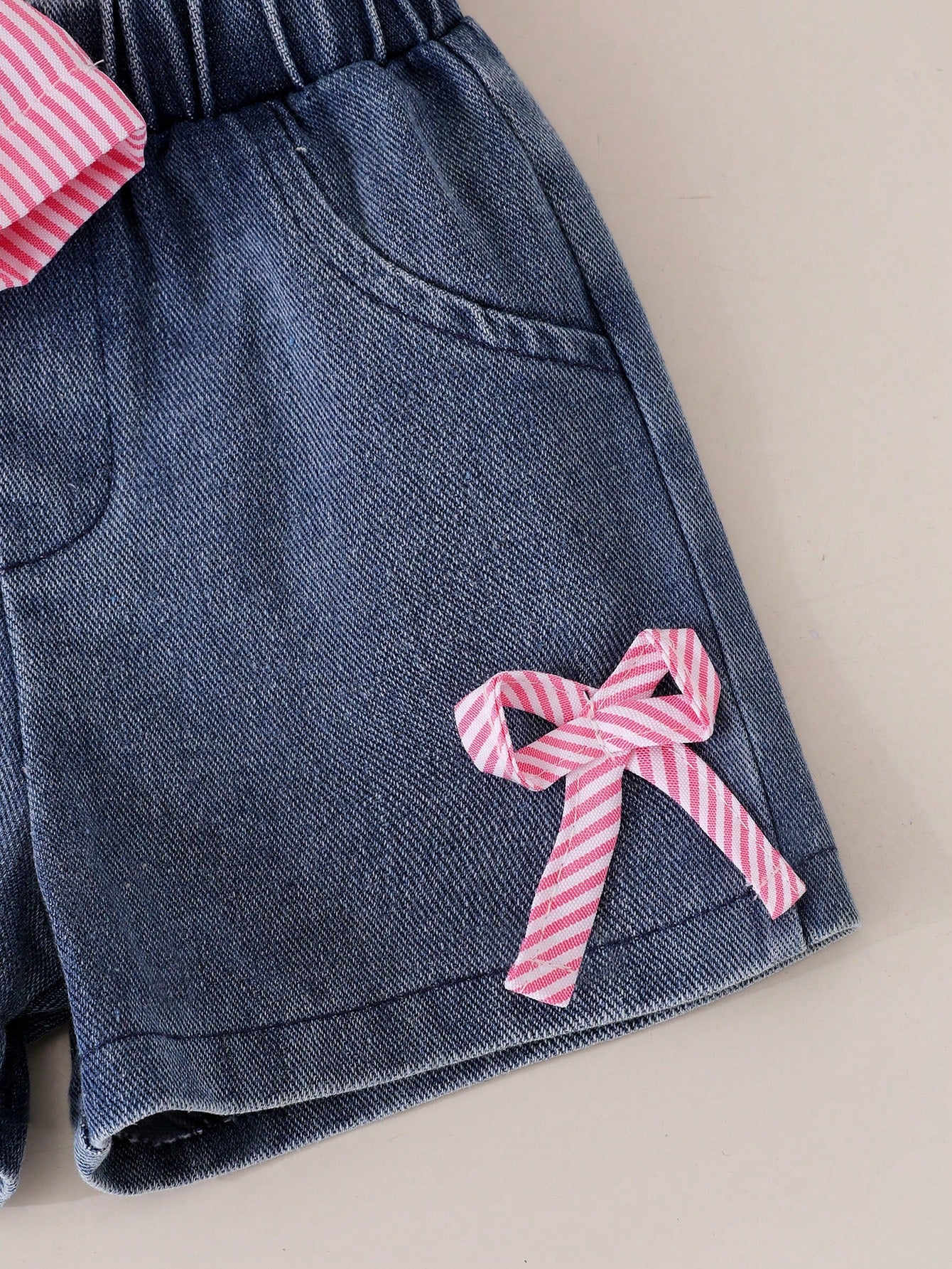 Baby Girl Striped Bow Decor Ruffle Camisole Top + Bowknot Denim Shorts Set, Sweet Summer Outfit