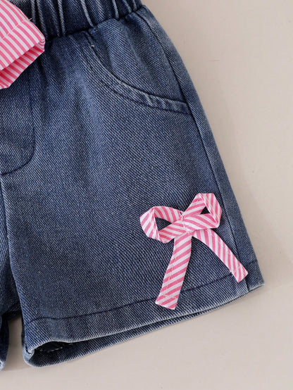 Baby Girl Striped Bow Decor Ruffle Camisole Top + Bowknot Denim Shorts Set, Sweet Summer Outfit