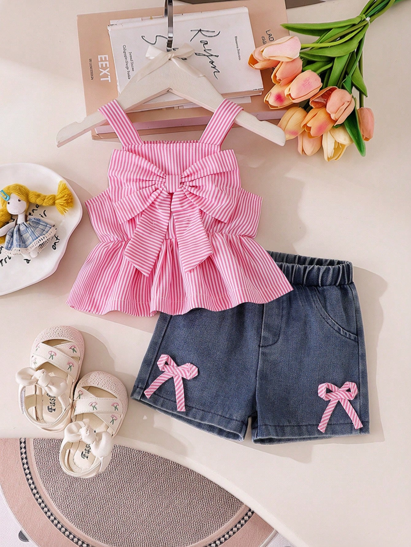 Baby Girl Striped Bow Decor Ruffle Camisole Top + Bowknot Denim Shorts Set, Sweet Summer Outfit