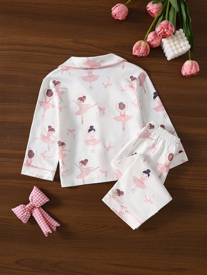 Baby Girl Sweet Cute Elegant Skin-Friendly Soft Daily Comfortable Casual Cartoon Ballet Fairy Bow Print Open Front Knit Long Sleeve Top And Long Pants 2-Piece Set Loungewear