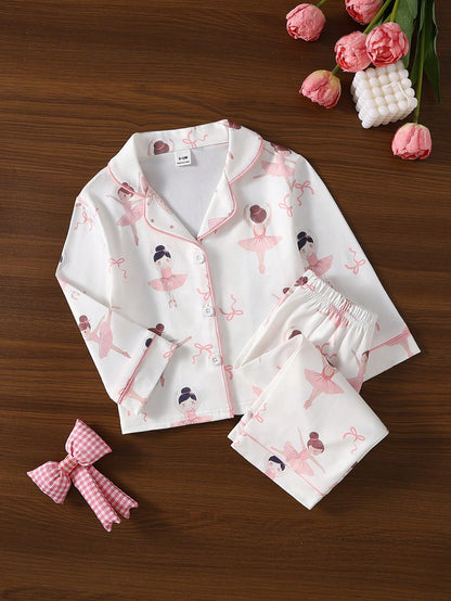 Baby Girl Sweet Cute Elegant Skin-Friendly Soft Daily Comfortable Casual Cartoon Ballet Fairy Bow Print Open Front Knit Long Sleeve Top And Long Pants 2-Piece Set Loungewear
