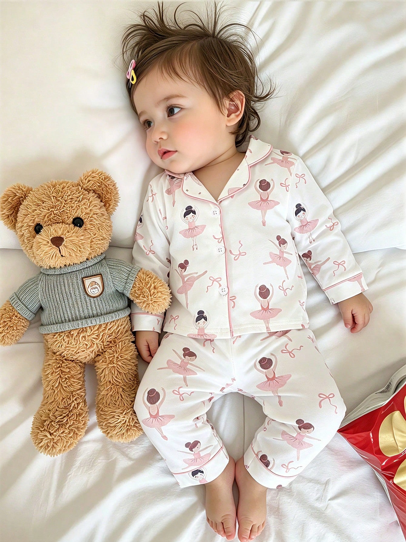 Baby Girl Sweet Cute Elegant Skin-Friendly Soft Daily Comfortable Casual Cartoon Ballet Fairy Bow Print Open Front Knit Long Sleeve Top And Long Pants 2-Piece Set Loungewear