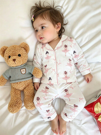 Baby Girl Sweet Cute Elegant Skin-Friendly Soft Daily Comfortable Casual Cartoon Ballet Fairy Bow Print Open Front Knit Long Sleeve Top And Long Pants 2-Piece Set Loungewear