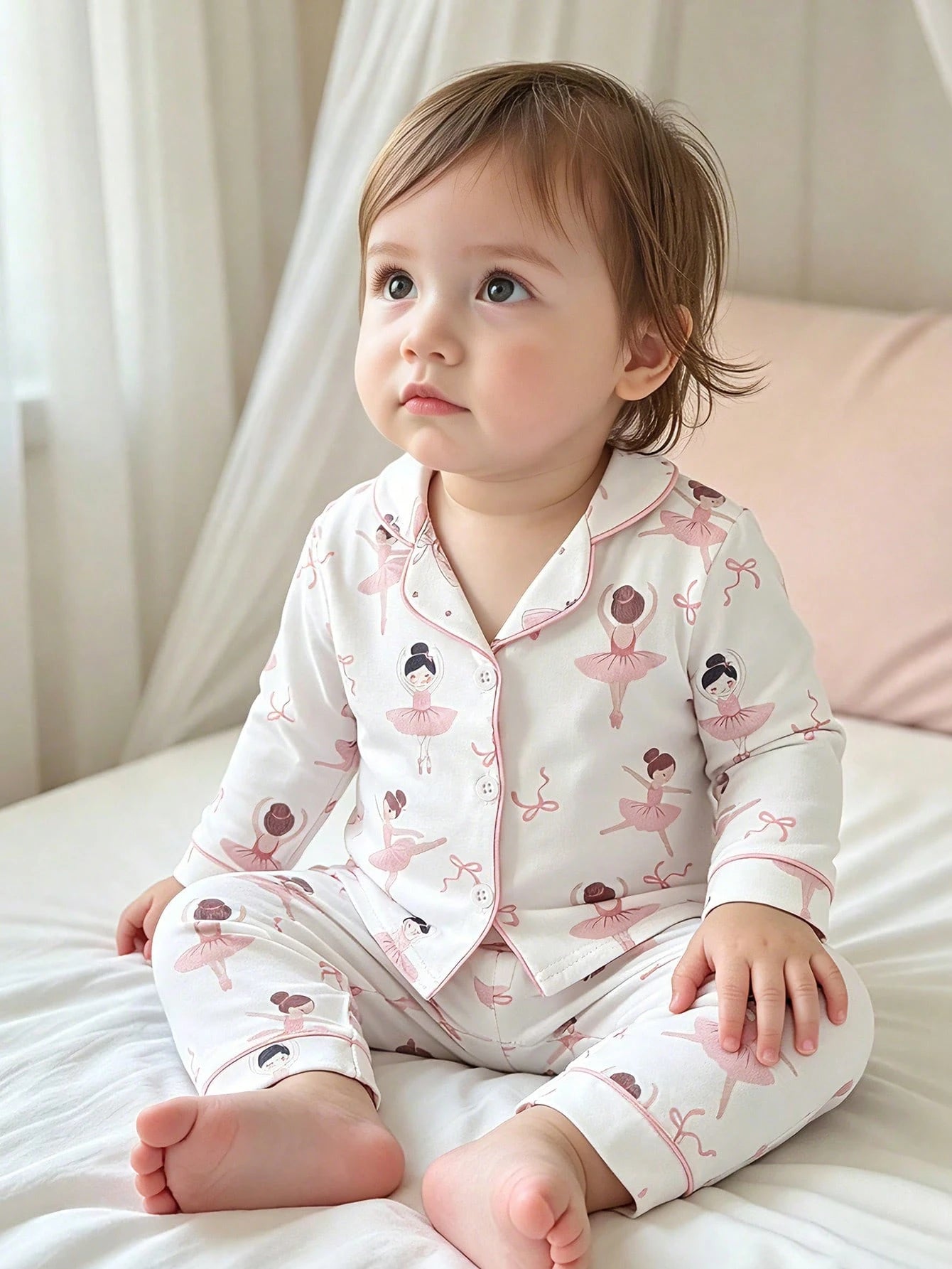 Baby Girl Sweet Cute Elegant Skin-Friendly Soft Daily Comfortable Casual Cartoon Ballet Fairy Bow Print Open Front Knit Long Sleeve Top And Long Pants 2-Piece Set Loungewear