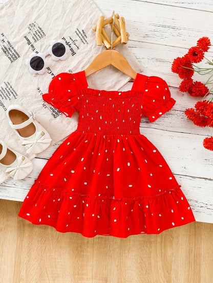 Baby Girls' Casual Square Collar Puff Sleeve Mini Dress, Gift For Spring/Summer Party