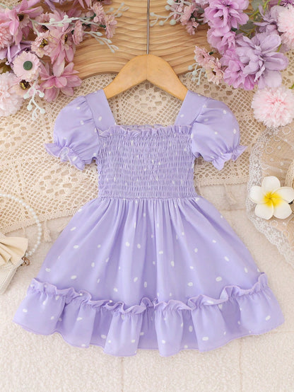 Baby Girls' Casual Square Collar Puff Sleeve Mini Dress, Gift For Spring/Summer Party