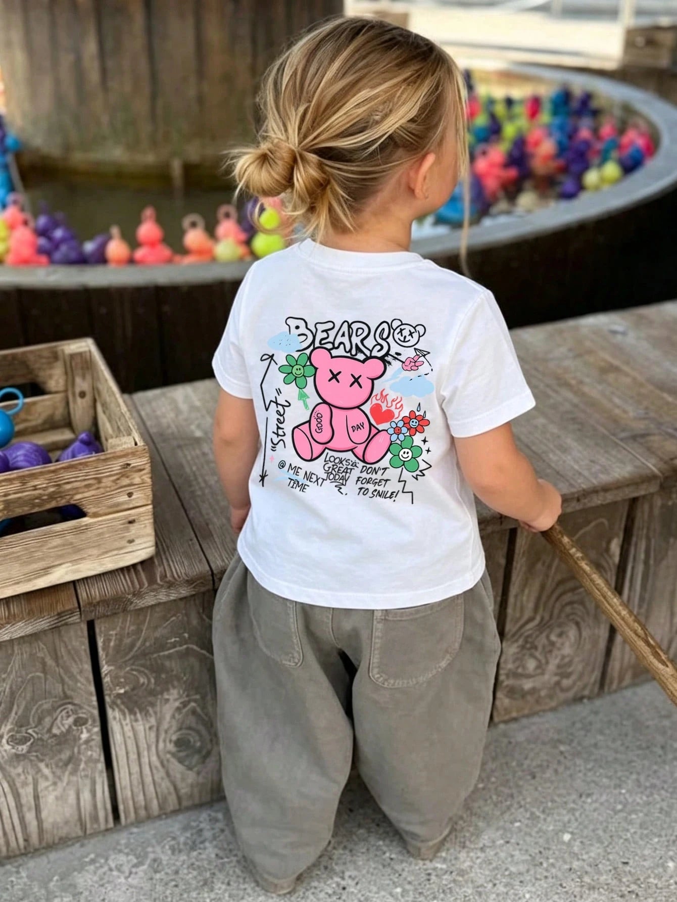 Baby Girls Cute Bear Print Round Neck Short Sleeve Top