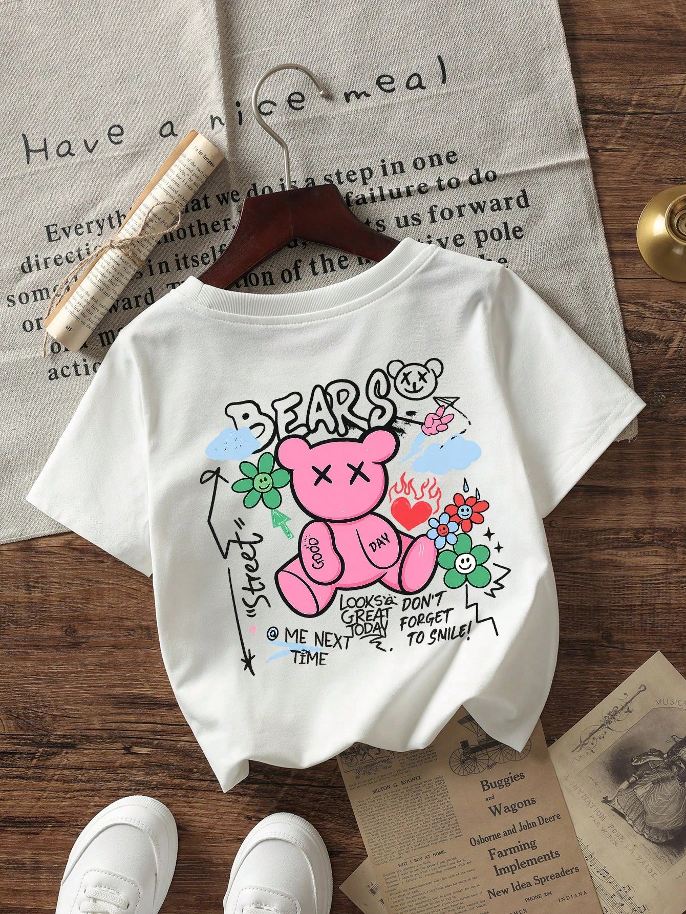Baby Girls Cute Bear Print Round Neck Short Sleeve Top