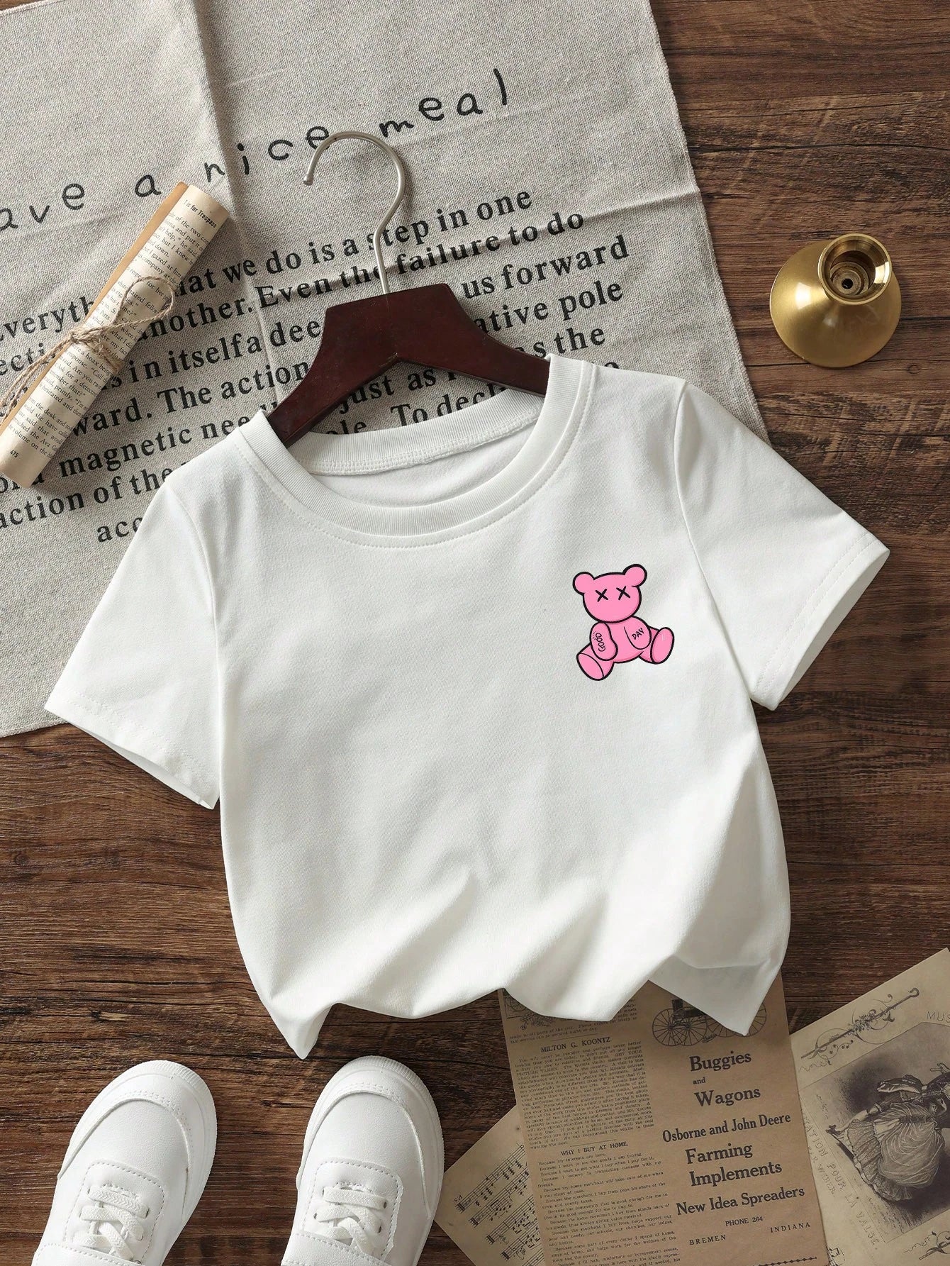 Baby Girls Cute Bear Print Round Neck Short Sleeve Top