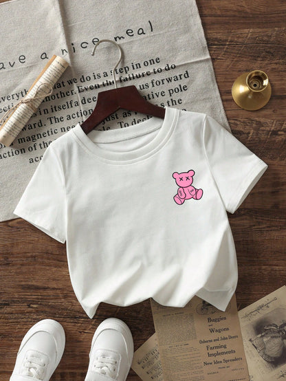 Baby Girls Cute Bear Print Round Neck Short Sleeve Top