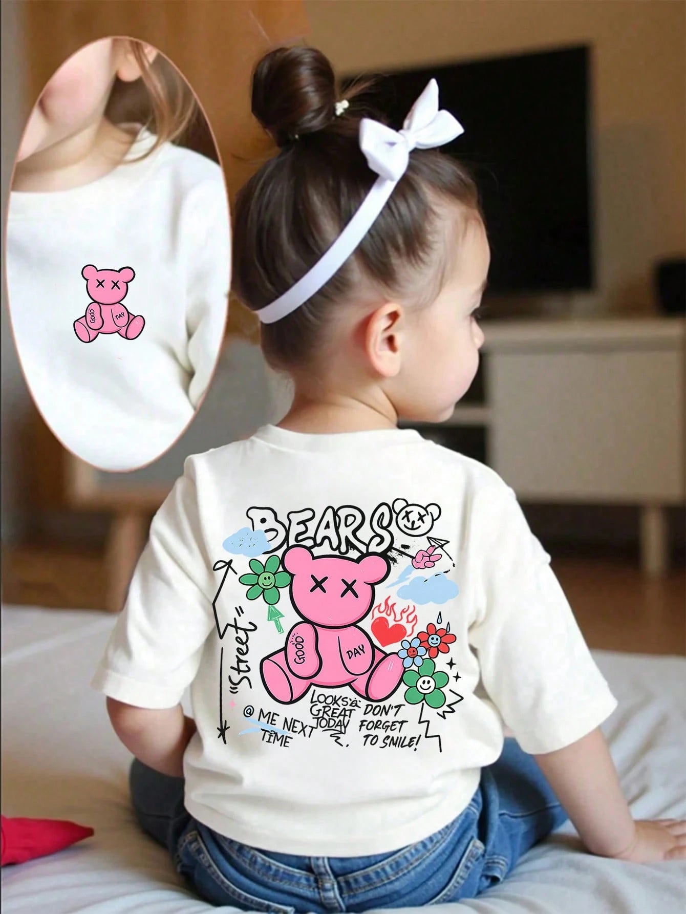 Baby Girls Cute Bear Print Round Neck Short Sleeve Top