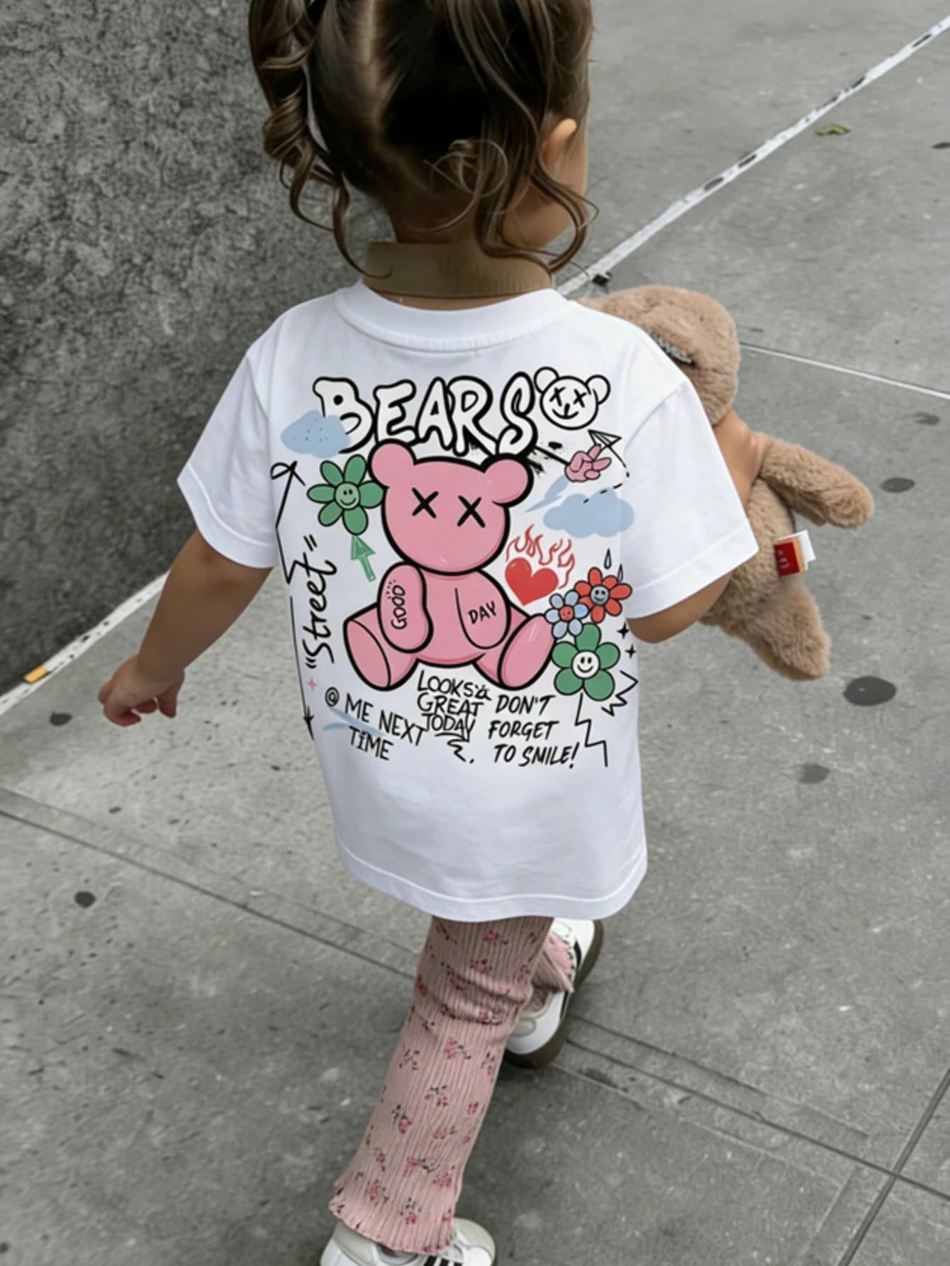 Baby Girls Cute Bear Print Round Neck Short Sleeve Top
