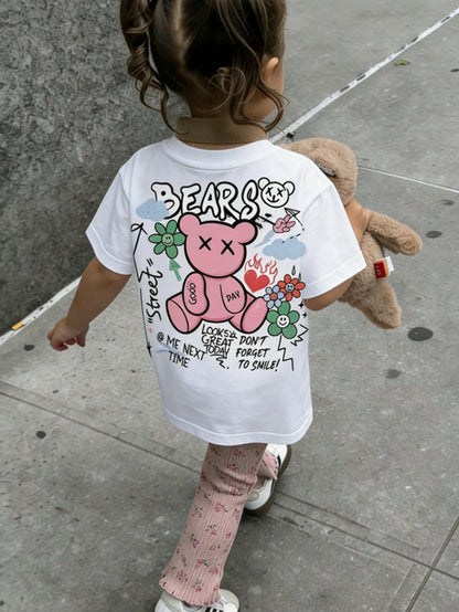 Baby Girls Cute Bear Print Round Neck Short Sleeve Top