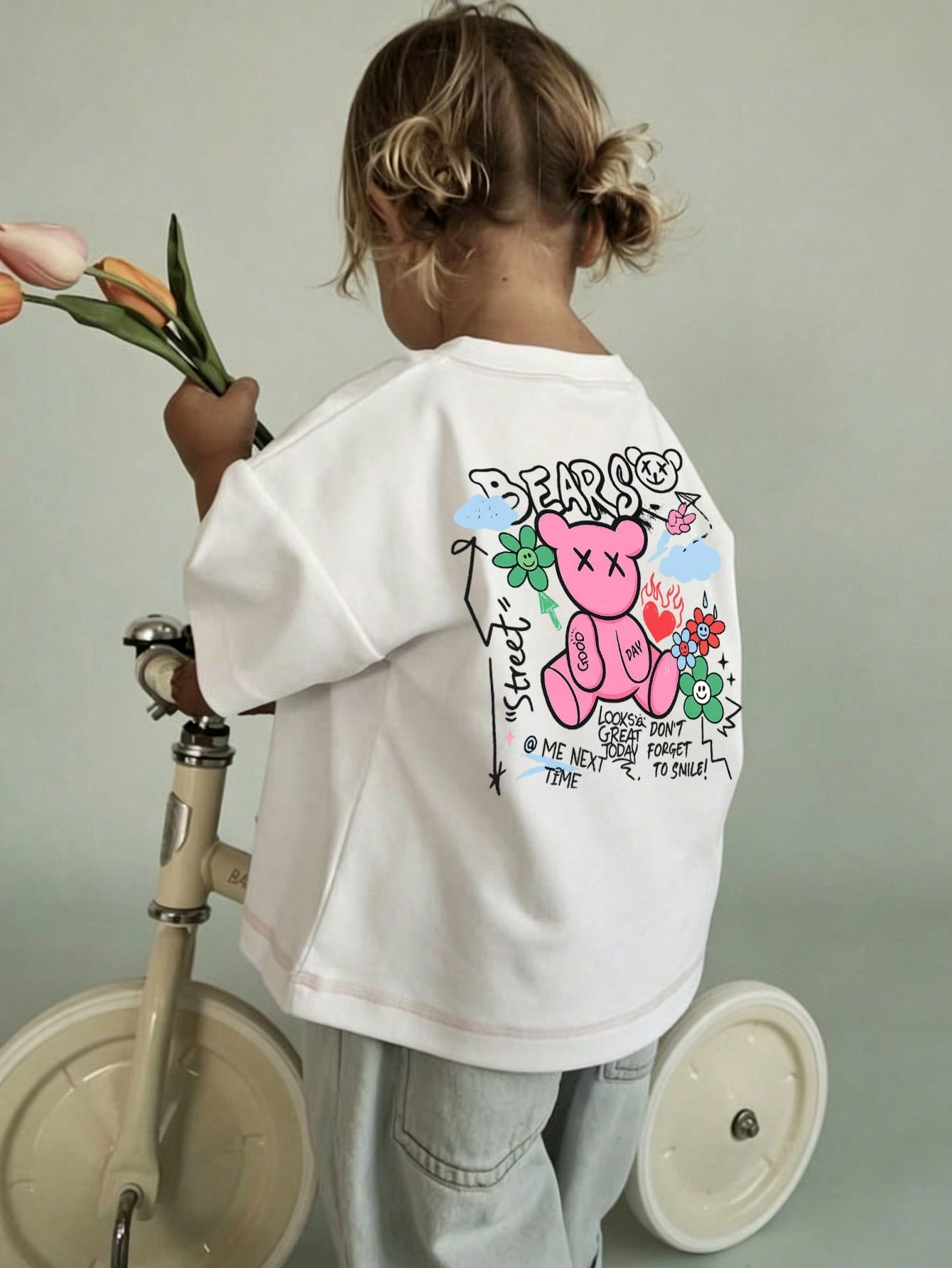 Baby Girls Cute Bear Print Round Neck Short Sleeve Top