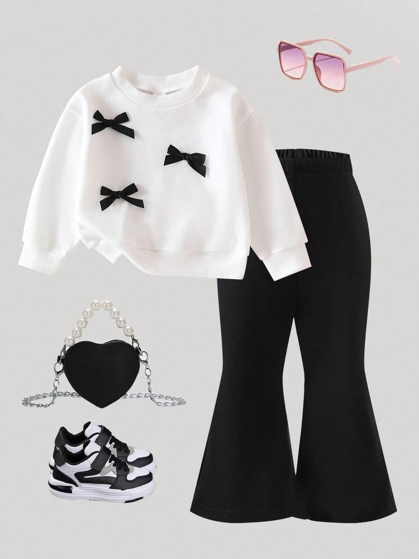 Baby Girls Cute Bow Decor Round Neck Long Sleeve Knit Sweatshirt And Elastic Waist Flared Knit Pants Set, Casual And Adorable, Autumn/Winter Fall