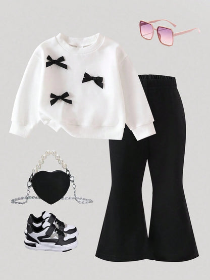 Baby Girls Cute Bow Decor Round Neck Long Sleeve Knit Sweatshirt And Elastic Waist Flared Knit Pants Set, Casual And Adorable, Autumn/Winter Fall