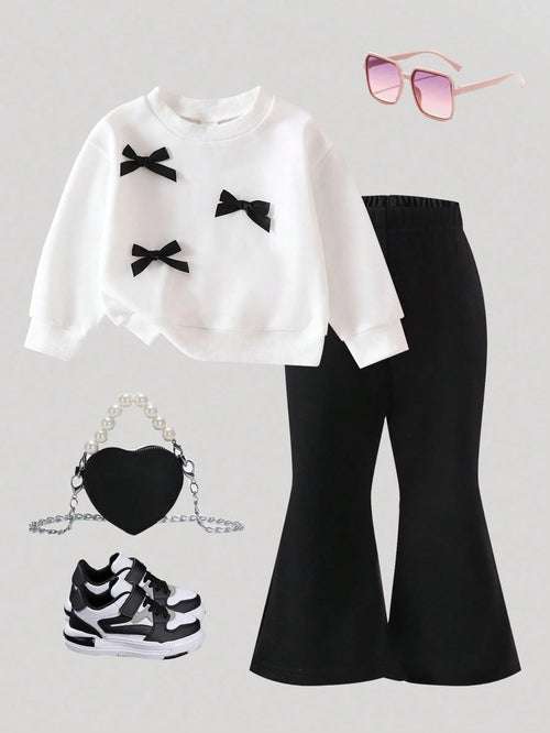 Baby Girls Cute Bow Decor Round Neck Long Sleeve Knit Sweatshirt And Elastic Waist Flared Knit Pants Set, Casual And Adorable, Autumn/Winter Fall