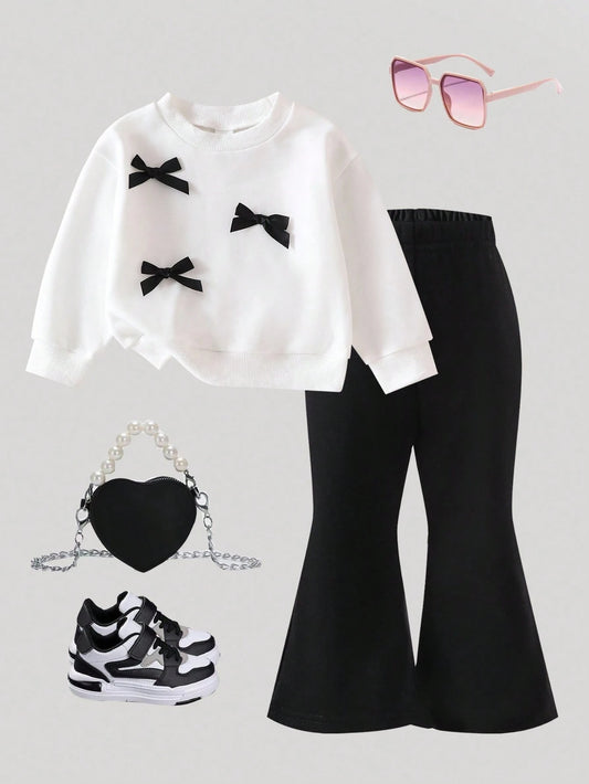 Baby Girls Cute Bow Decor Round Neck Long Sleeve Knit Sweatshirt And Elastic Waist Flared Knit Pants Set, Casual And Adorable, Autumn/Winter Fall