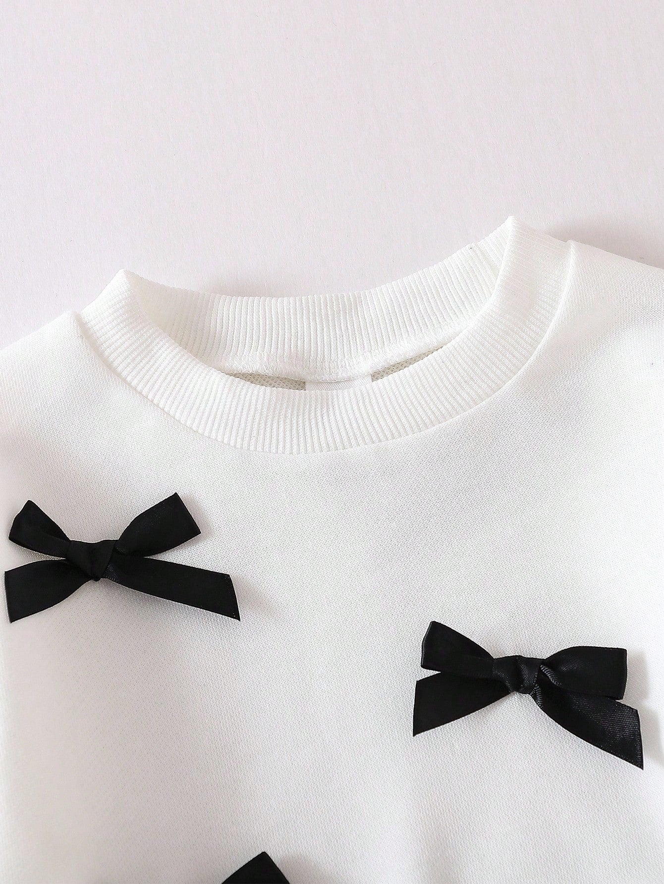 Baby Girls Cute Bow Decor Round Neck Long Sleeve Knit Sweatshirt And Elastic Waist Flared Knit Pants Set, Casual And Adorable, Autumn/Winter Fall