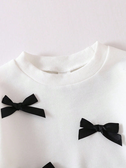 Baby Girls Cute Bow Decor Round Neck Long Sleeve Knit Sweatshirt And Elastic Waist Flared Knit Pants Set, Casual And Adorable, Autumn/Winter Fall