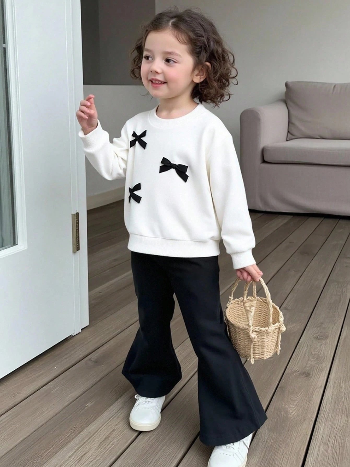 Baby Girls Cute Bow Decor Round Neck Long Sleeve Knit Sweatshirt And Elastic Waist Flared Knit Pants Set, Casual And Adorable, Autumn/Winter Fall