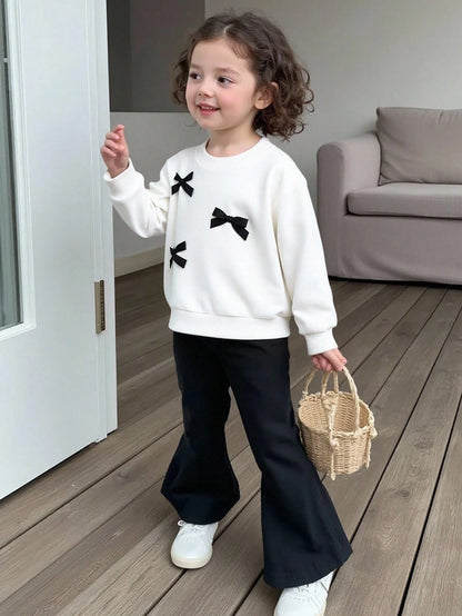 Baby Girls Cute Bow Decor Round Neck Long Sleeve Knit Sweatshirt And Elastic Waist Flared Knit Pants Set, Casual And Adorable, Autumn/Winter Fall