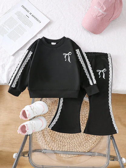 Baby Girls Cute Bow Decor Round Neck Long Sleeve Knit Sweatshirt And Elastic Waist Flared Knit Pants Set, Casual And Adorable, Autumn/Winter Fall