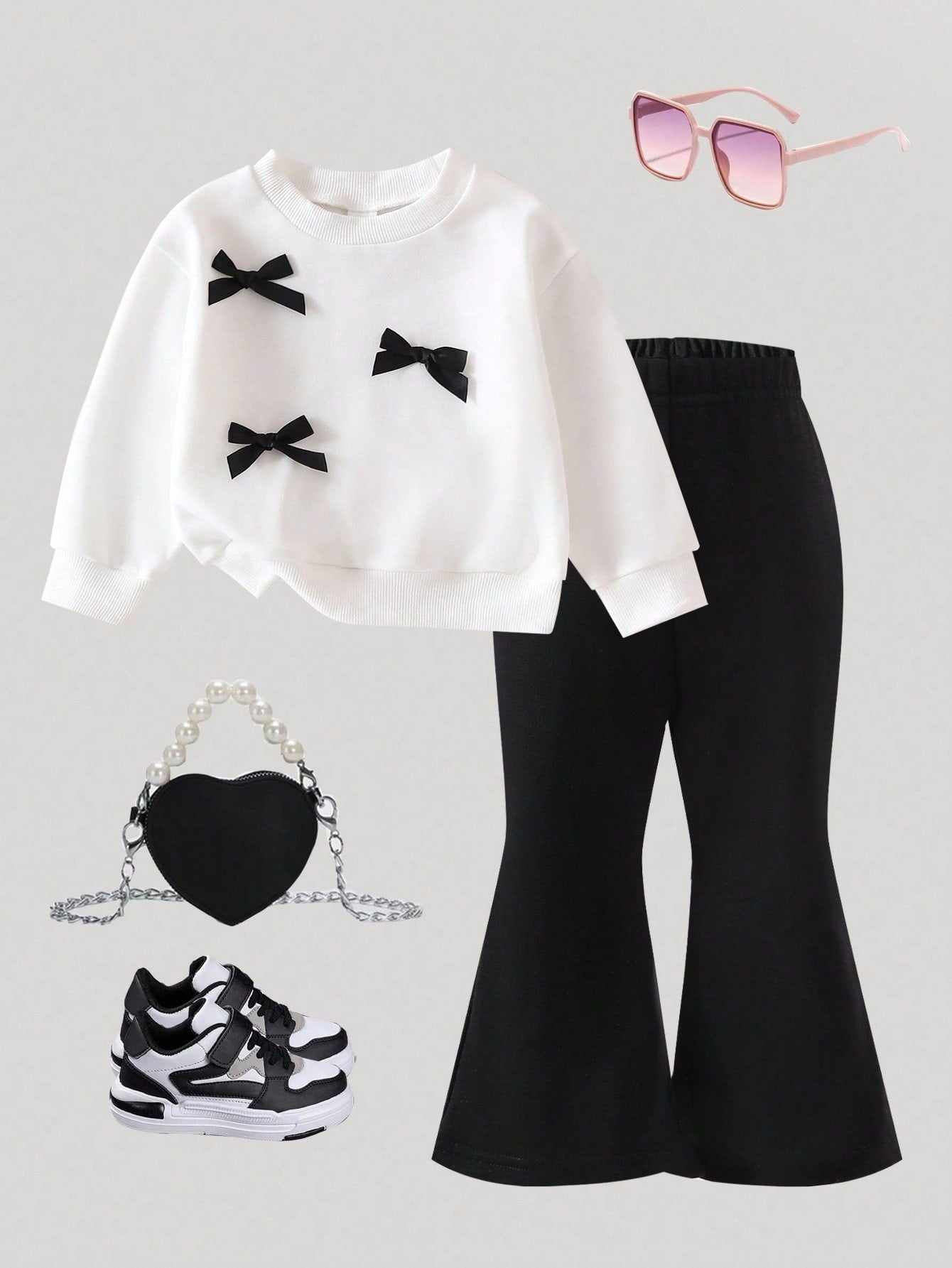 Baby Girls Cute Bow Decor Round Neck Long Sleeve Knit Sweatshirt And Elastic Waist Flared Knit Pants Set, Casual And Adorable, Autumn/Winter Fall