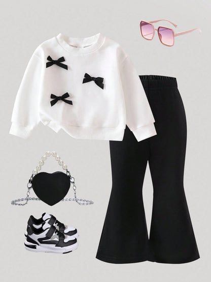 Baby Girls Cute Bow Decor Round Neck Long Sleeve Knit Sweatshirt And Elastic Waist Flared Knit Pants Set, Casual And Adorable, Autumn/Winter Fall