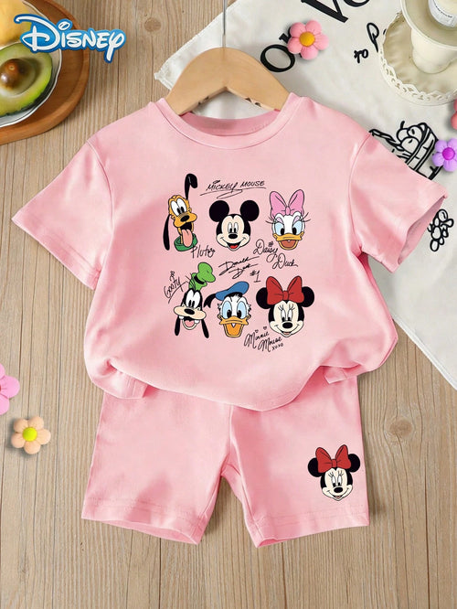 Baby Girls Disney Graphic Tee Set, Summer Disney All-Star Character Print Pink Short Sleeve T-Shirt + Shorts, Casual Outfit For Daily, Travel, Party, Suitable For Girls Under 3 Years Old
