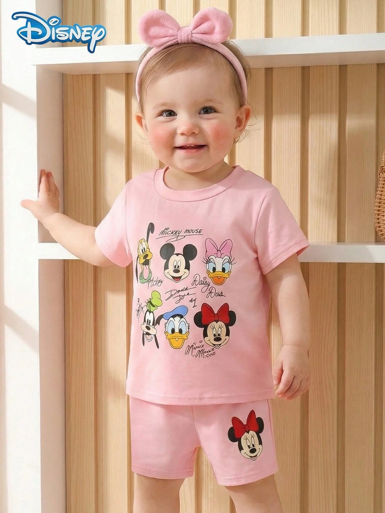 Baby Girls Disney Graphic Tee Set, Summer Disney All-Star Character Print Pink Short Sleeve T-Shirt + Shorts, Casual Outfit For Daily, Travel, Party, Suitable For Girls Under 3 Years Old