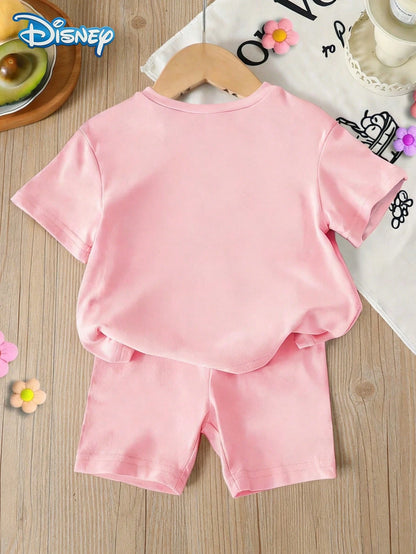 Baby Girls Disney Graphic Tee Set, Summer Disney All-Star Character Print Pink Short Sleeve T-Shirt + Shorts, Casual Outfit For Daily, Travel, Party, Suitable For Girls Under 3 Years Old