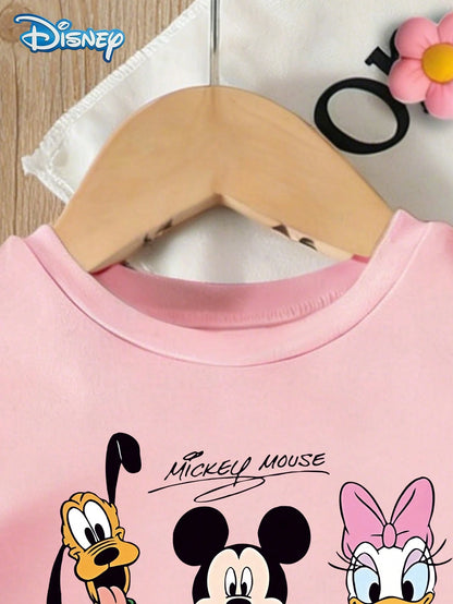 Baby Girls Disney Graphic Tee Set, Summer Disney All-Star Character Print Pink Short Sleeve T-Shirt + Shorts, Casual Outfit For Daily, Travel, Party, Suitable For Girls Under 3 Years Old