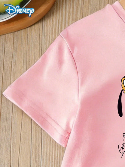 Baby Girls Disney Graphic Tee Set, Summer Disney All-Star Character Print Pink Short Sleeve T-Shirt + Shorts, Casual Outfit For Daily, Travel, Party, Suitable For Girls Under 3 Years Old