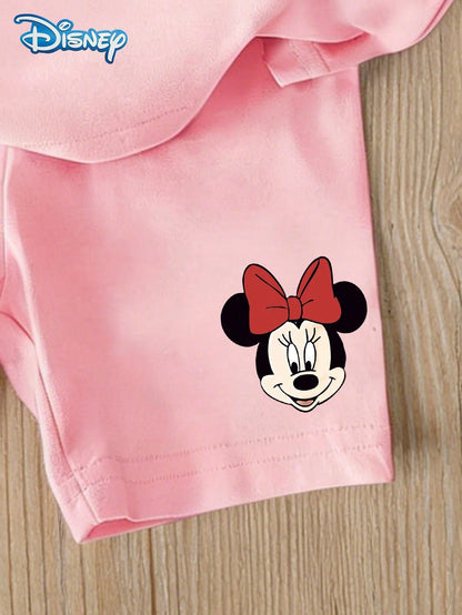 Baby Girls Disney Graphic Tee Set, Summer Disney All-Star Character Print Pink Short Sleeve T-Shirt + Shorts, Casual Outfit For Daily, Travel, Party, Suitable For Girls Under 3 Years Old
