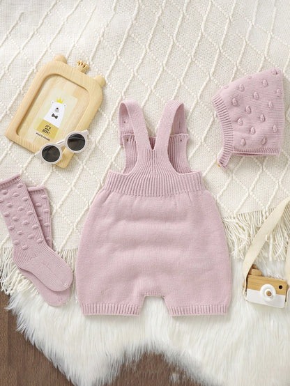 Baby Girls' Pastal Light Pink 3-Piece Set, Cute Autumn Knitted Outfits With Hat, Socks Sweater, Newborn Soft Jumpsuit Overalls, Matching Family