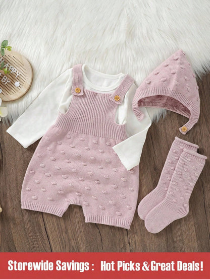 Baby Girls' Pastal Light Pink 3-Piece Set, Cute Autumn Knitted Outfits With Hat, Socks Sweater, Newborn Soft Jumpsuit Overalls, Matching Family