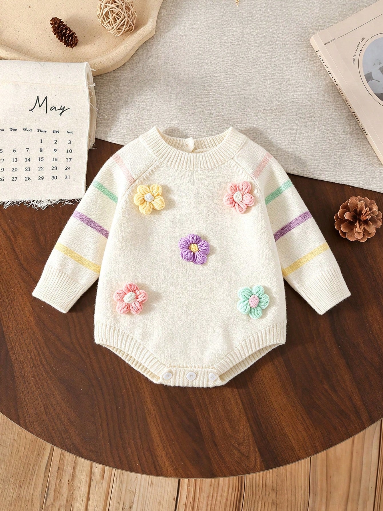 Baby Girls Sweater Onesies, Infant Girls Knit Bodysuit, Short Crawl Suit, Apricot Color, Versatile Daily Casual, Rainbow Striped, Handmade Crochet Floral, Heavy Workmanship, Exquisite, Cute, Com