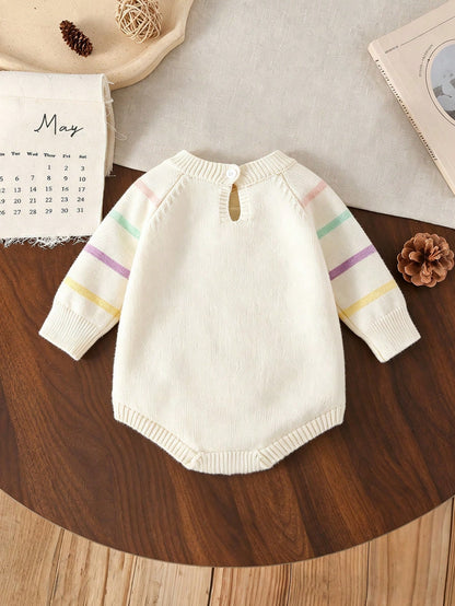 Baby Girls Sweater Onesies, Infant Girls Knit Bodysuit, Short Crawl Suit, Apricot Color, Versatile Daily Casual, Rainbow Striped, Handmade Crochet Floral, Heavy Workmanship, Exquisite, Cute, Com