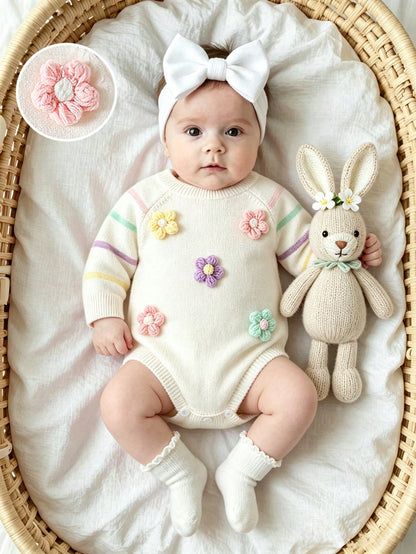 Baby Girls Sweater Onesies, Infant Girls Knit Bodysuit, Short Crawl Suit, Apricot Color, Versatile Daily Casual, Rainbow Striped, Handmade Crochet Floral, Heavy Workmanship, Exquisite, Cute, Com
