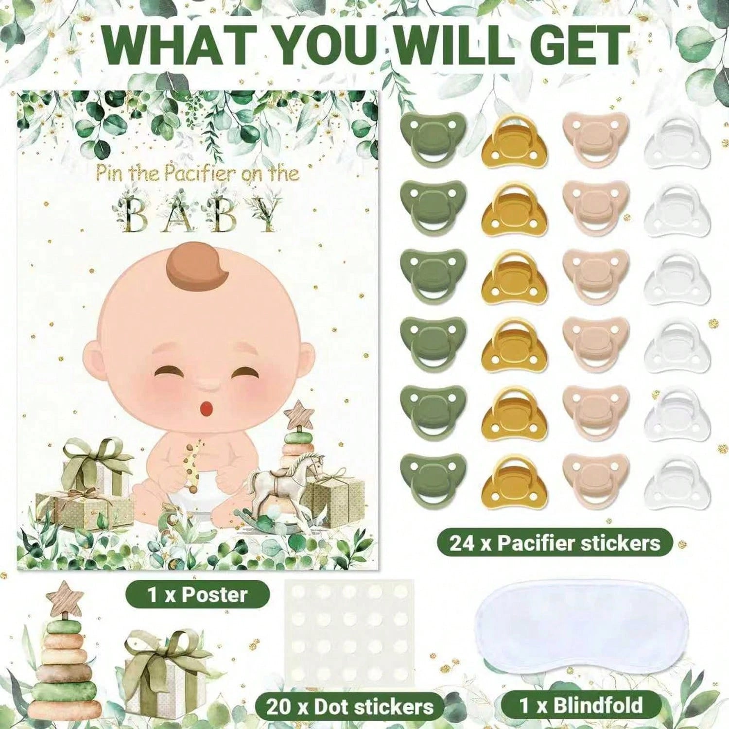 Baby Pacifier Guessing Game, Large Poster With Reusable Stickers And Blindfold, Gender Reveal Party Favors, Newborn Celebration Party Wall Decor